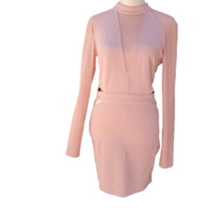 PRIVY Pink High Neck Mesh Cutout V-neck With Long Mesh Sleeves Mini Dress Size S